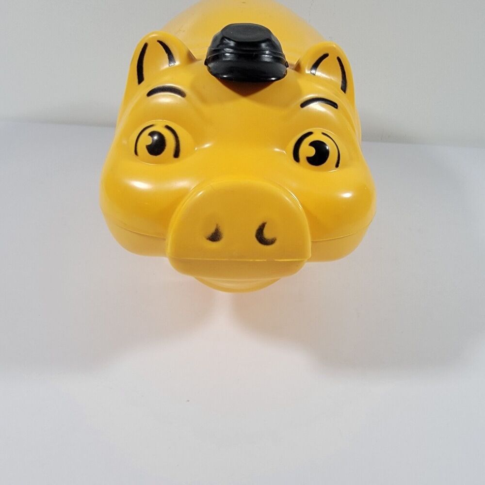 Vintage Yellow Hard Plastic Hat Tipping Piggy Bank No Bottom Stopper - Picture 1 of 9